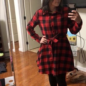 SHEIN Red Gingham Bow Button Front Shirt Dress Size S